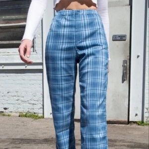 Womens Brandy Melville Tilden Blue Plaid Highwaisted Elastic Straight Leg Pants